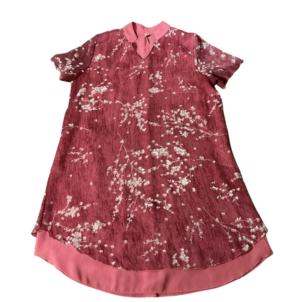SEAO Cherry Blossom Floral Shift Dress Womens L Pink Layered High Low V-Neck